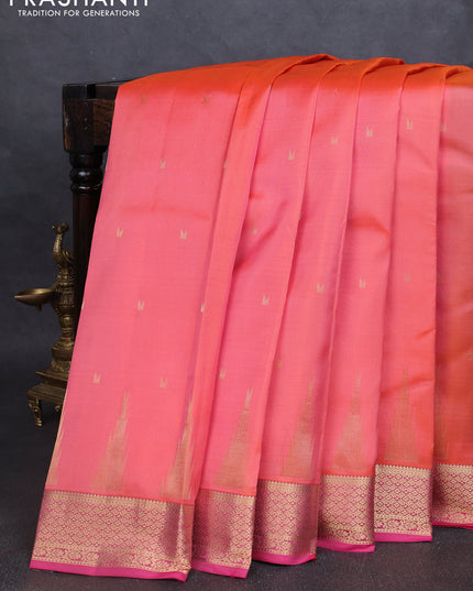 Pure kanchipuram silk saree peach orange and pink with zari woven temple buttas and rich zari woven border