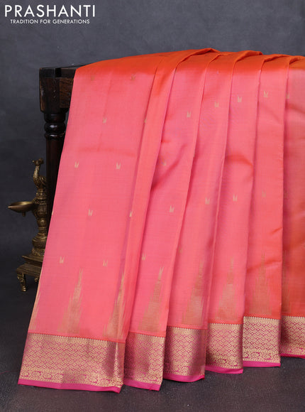 Pure kanchipuram silk saree peach orange and pink with zari woven temple buttas and rich zari woven border