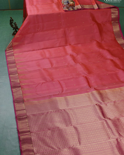 Pure kanchipuram silk saree peach orange and pink with zari woven temple buttas and rich zari woven border