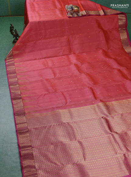Pure kanchipuram silk saree peach orange and pink with zari woven temple buttas and rich zari woven border