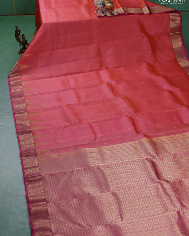 Pure kanchipuram silk saree peach orange and pink with zari woven temple buttas and rich zari woven border
