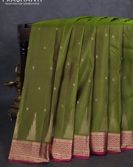 Pure kanchipuram silk saree mehendi green and magenta pink with zari woven temple buttas and rich zari woven border