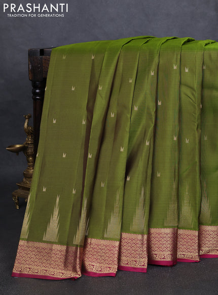 Pure kanchipuram silk saree mehendi green and magenta pink with zari woven temple buttas and rich zari woven border