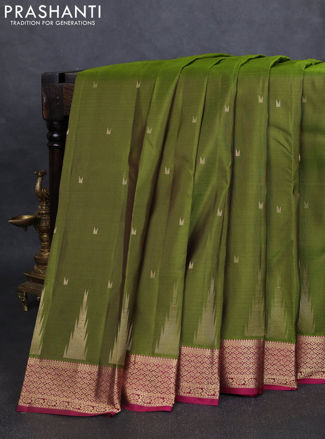 Pure kanchipuram silk saree mehendi green and magenta pink with zari woven temple buttas and rich zari woven border