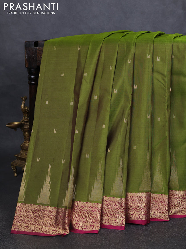 Pure kanchipuram silk saree mehendi green and magenta pink with zari woven temple buttas and rich zari woven border