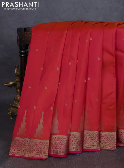 Pure kanchipuram silk saree dual tone pinkish orange and pink with zari woven temple buttas and rich zari woven border
