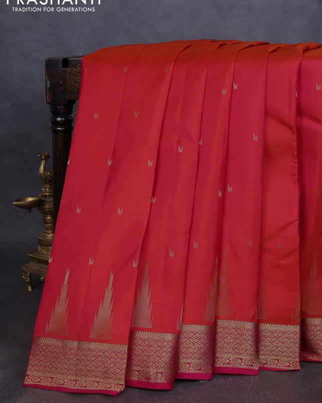 Pure kanchipuram silk saree dual tone pinkish orange and pink with zari woven temple buttas and rich zari woven border