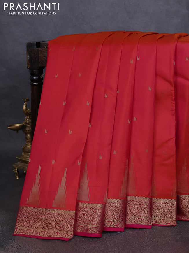 Pure kanchipuram silk saree dual tone pinkish orange and pink with zari woven temple buttas and rich zari woven border