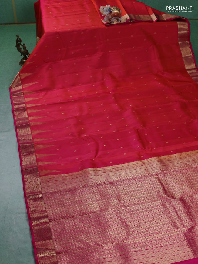 Pure kanchipuram silk saree dual tone pinkish orange and pink with zari woven temple buttas and rich zari woven border