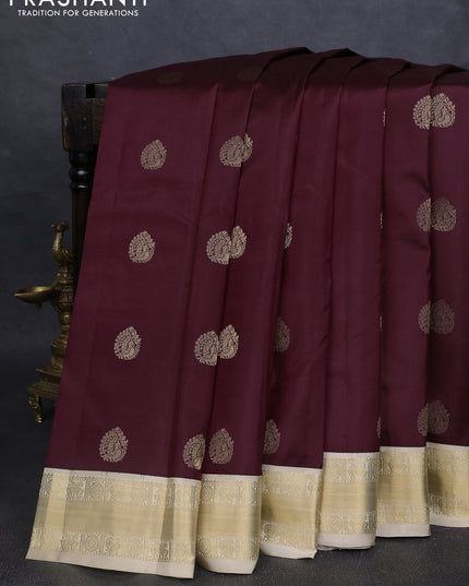 Pure kanchipuram silk saree deep maroon and cream with annam zari woven buttas and zari woven korvai border