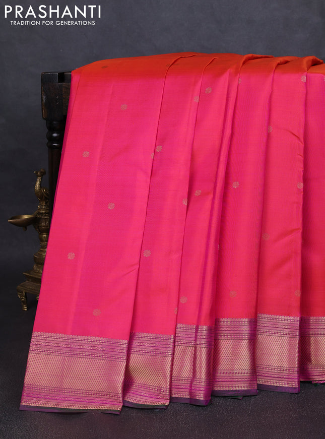 Pure kanchipuram silk saree dual tone pink and purple with zari woven buttas and zari woven border