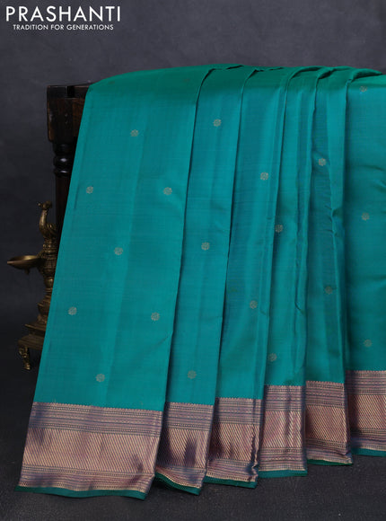 Pure kanchipuram silk saree teal green and purple with zari woven buttas and zari woven border