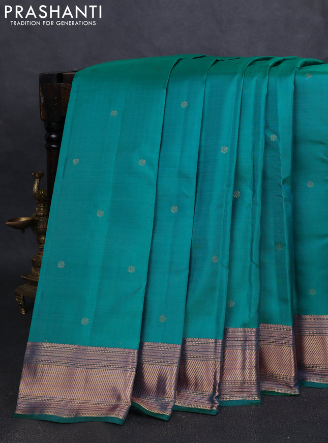 Pure kanchipuram silk saree teal green and purple with zari woven buttas and zari woven border