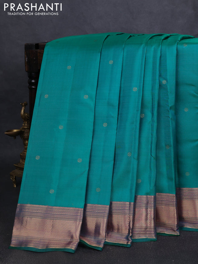 Pure kanchipuram silk saree teal green and purple with zari woven buttas and zari woven border