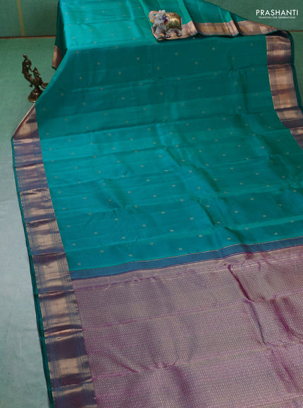 Pure kanchipuram silk saree teal green and purple with zari woven buttas and zari woven border