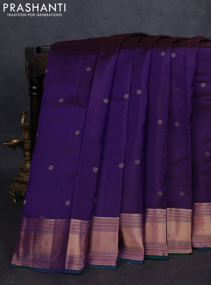 Pure kanchipuram silk saree dark purple and dual shade of green with zari woven buttas and zari woven border