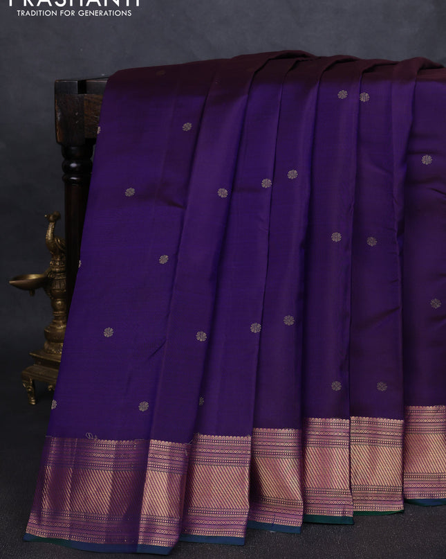 Pure kanchipuram silk saree dark purple and dual shade of green with zari woven buttas and zari woven border