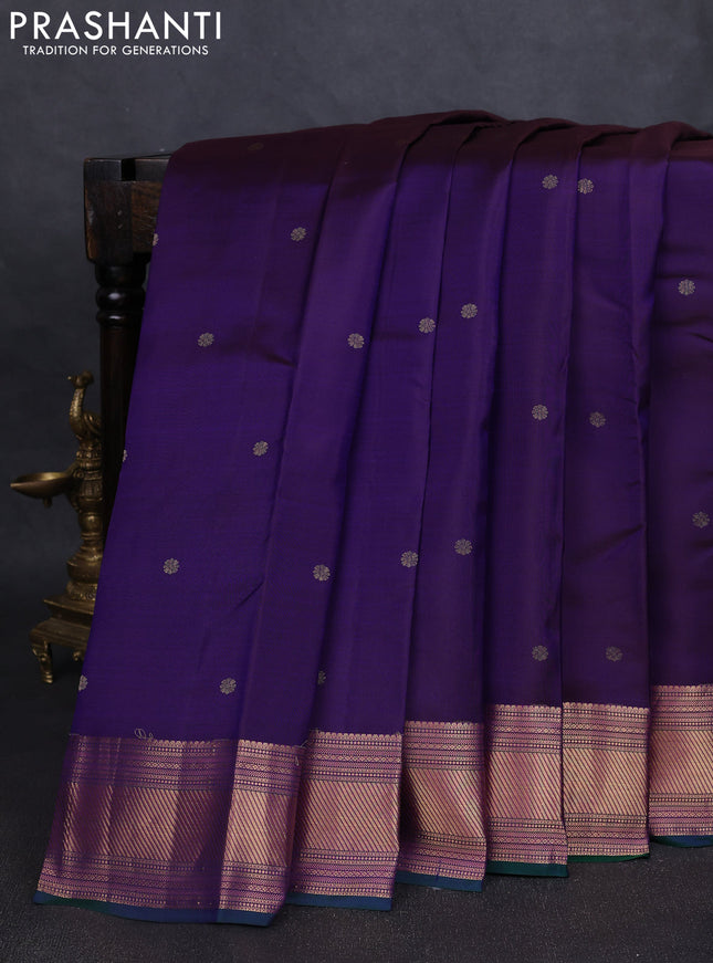 Pure kanchipuram silk saree dark purple and dual shade of green with zari woven buttas and zari woven border