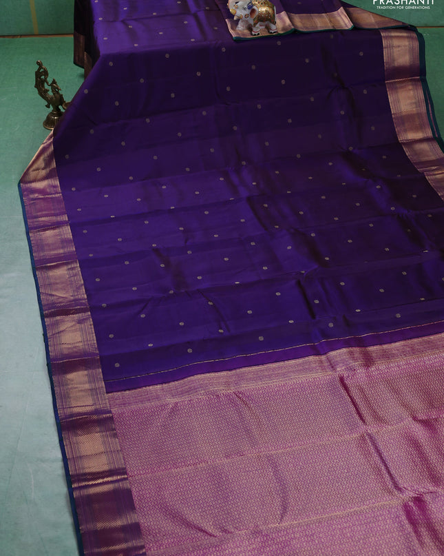 Pure kanchipuram silk saree dark purple and dual shade of green with zari woven buttas and zari woven border