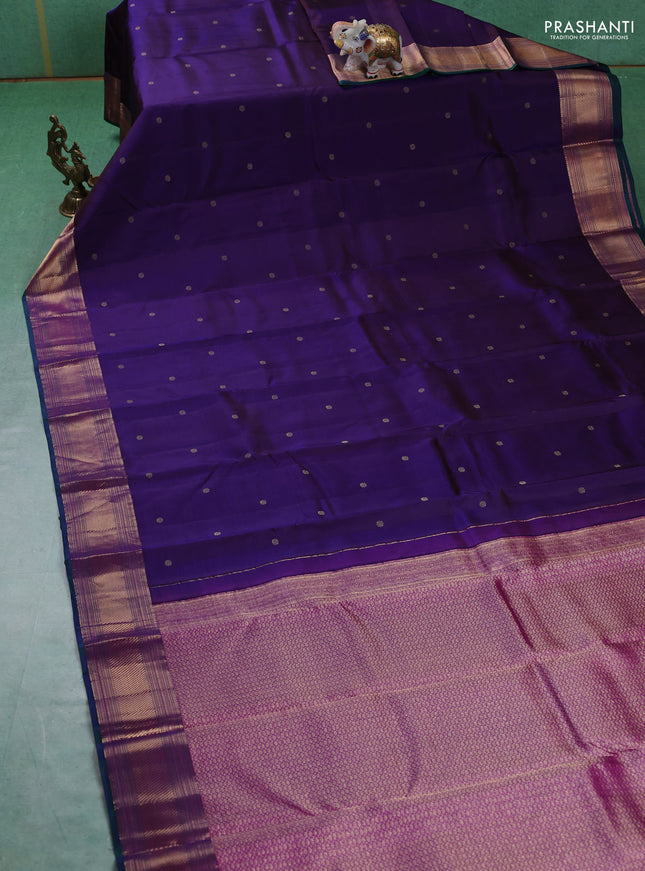 Pure kanchipuram silk saree dark purple and dual shade of green with zari woven buttas and zari woven border