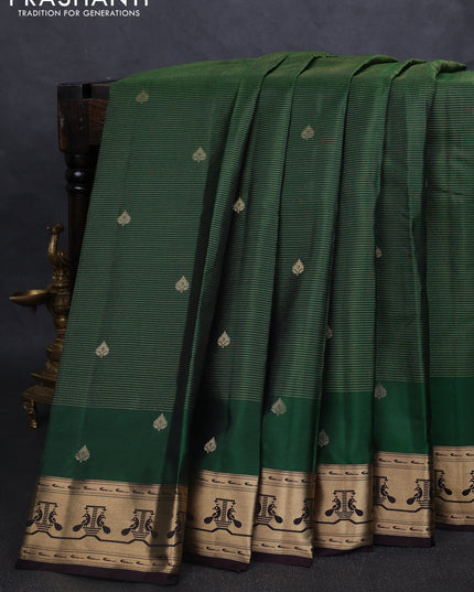 Pure kanchipuram silk saree green and coffee brown with allover vairaosi pattern & zari buttas and zari woven paithani style border