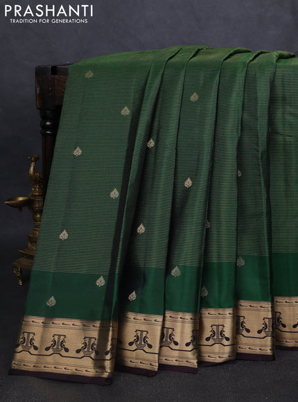 Pure kanchipuram silk saree green and coffee brown with allover vairaosi pattern & zari buttas and zari woven paithani style border