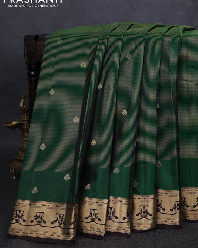 Pure kanchipuram silk saree green and coffee brown with allover vairaosi pattern & zari buttas and zari woven paithani style border