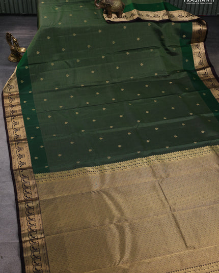 Pure kanchipuram silk saree green and coffee brown with allover vairaosi pattern & zari buttas and zari woven paithani style border
