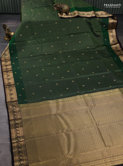 Pure kanchipuram silk saree green and coffee brown with allover vairaosi pattern & zari buttas and zari woven paithani style border