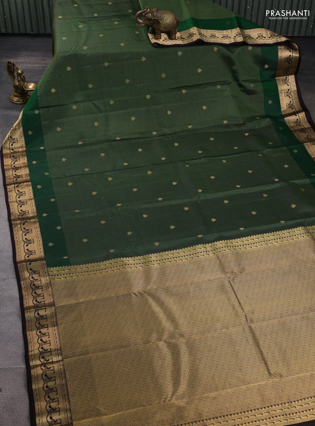 Pure kanchipuram silk saree green and coffee brown with allover vairaosi pattern & zari buttas and zari woven paithani style border