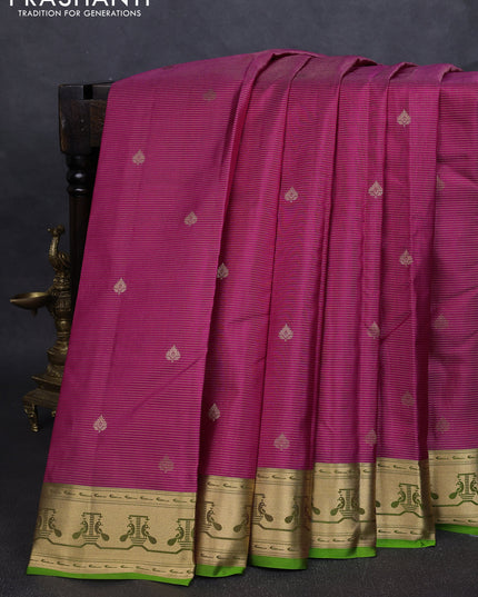 Pure kanchipuram silk saree magenta pink and light green with allover vairaosi pattern & zari buttas and zari woven paithani style border
