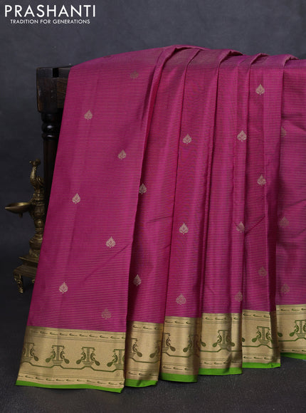 Pure kanchipuram silk saree magenta pink and light green with allover vairaosi pattern & zari buttas and zari woven paithani style border