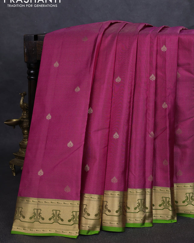 Pure kanchipuram silk saree magenta pink and light green with allover vairaosi pattern & zari buttas and zari woven paithani style border