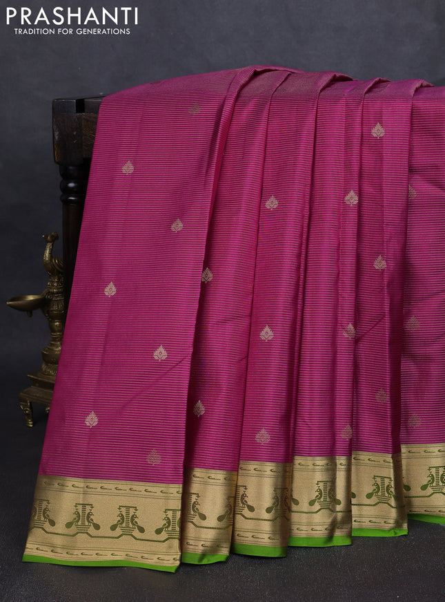 Pure kanchipuram silk saree magenta pink and light green with allover vairaosi pattern & zari buttas and zari woven paithani style border