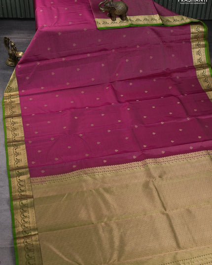 Pure kanchipuram silk saree magenta pink and light green with allover vairaosi pattern & zari buttas and zari woven paithani style border