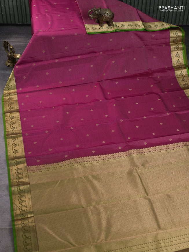 Pure kanchipuram silk saree magenta pink and light green with allover vairaosi pattern & zari buttas and zari woven paithani style border