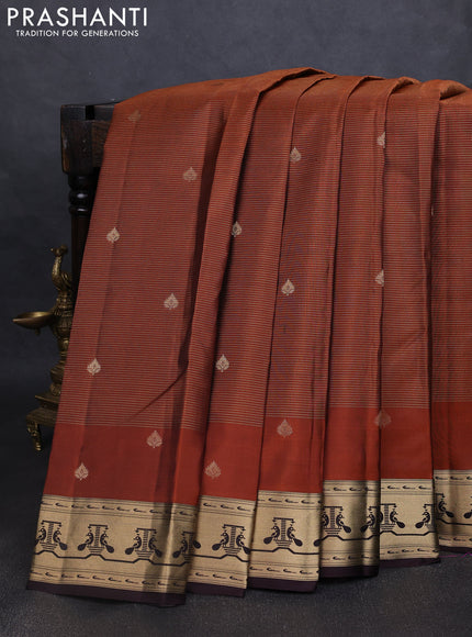 Pure kanchipuram silk saree rustic orange and coffee brown with allover vairaosi pattern & zari buttas and zari woven paithani style border