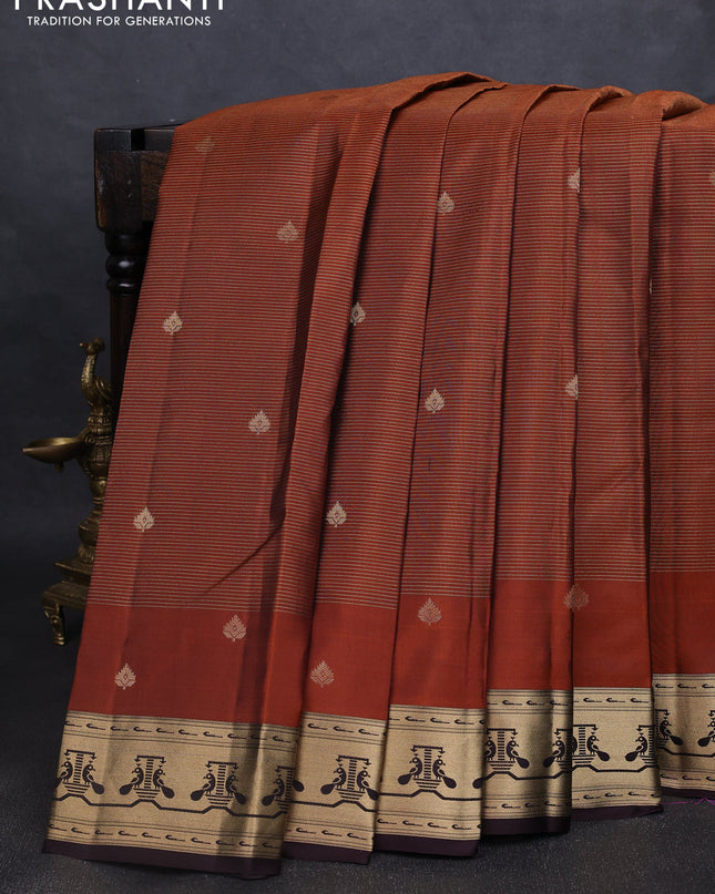 Pure kanchipuram silk saree rustic orange and coffee brown with allover vairaosi pattern & zari buttas and zari woven paithani style border