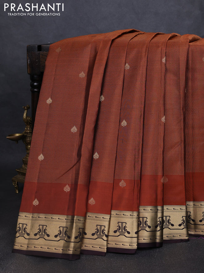 Pure kanchipuram silk saree rustic orange and coffee brown with allover vairaosi pattern & zari buttas and zari woven paithani style border