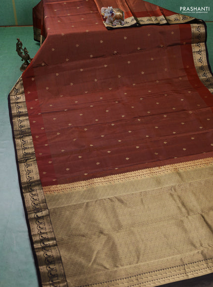 Pure kanchipuram silk saree rustic orange and coffee brown with allover vairaosi pattern & zari buttas and zari woven paithani style border