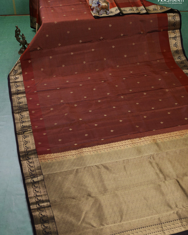 Pure kanchipuram silk saree rustic orange and coffee brown with allover vairaosi pattern & zari buttas and zari woven paithani style border