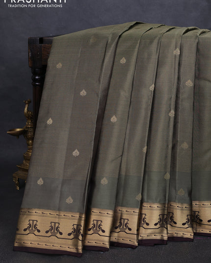 Pure kanchipuram silk saree elaichi green and coffee brown with allover vairaosi pattern & zari buttas and zari woven paithani style border