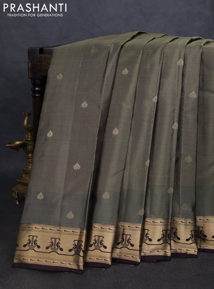 Pure kanchipuram silk saree elaichi green and coffee brown with allover vairaosi pattern & zari buttas and zari woven paithani style border