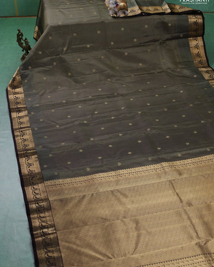 Pure kanchipuram silk saree elaichi green and coffee brown with allover vairaosi pattern & zari buttas and zari woven paithani style border