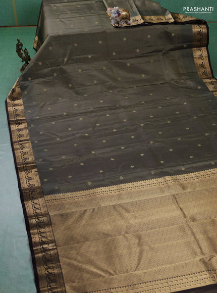 Pure kanchipuram silk saree elaichi green and coffee brown with allover vairaosi pattern & zari buttas and zari woven paithani style border