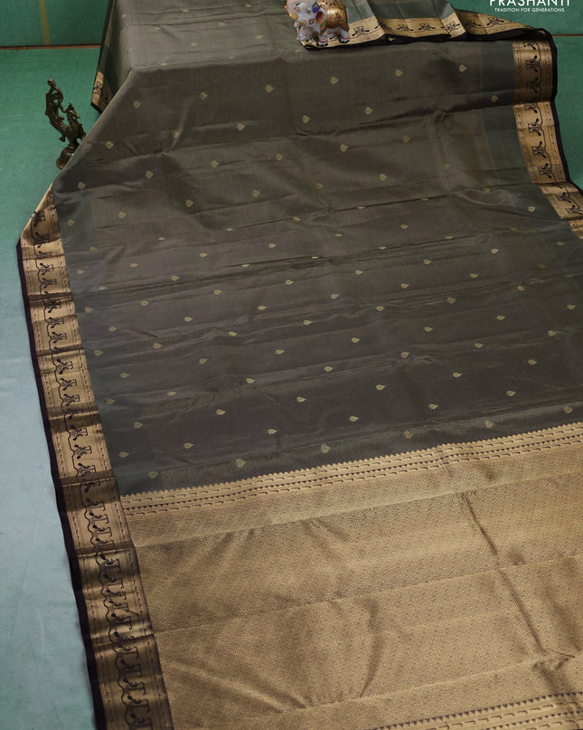 Pure kanchipuram silk saree elaichi green and coffee brown with allover vairaosi pattern & zari buttas and zari woven paithani style border