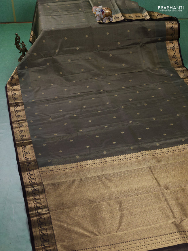 Pure kanchipuram silk saree elaichi green and coffee brown with allover vairaosi pattern & zari buttas and zari woven paithani style border