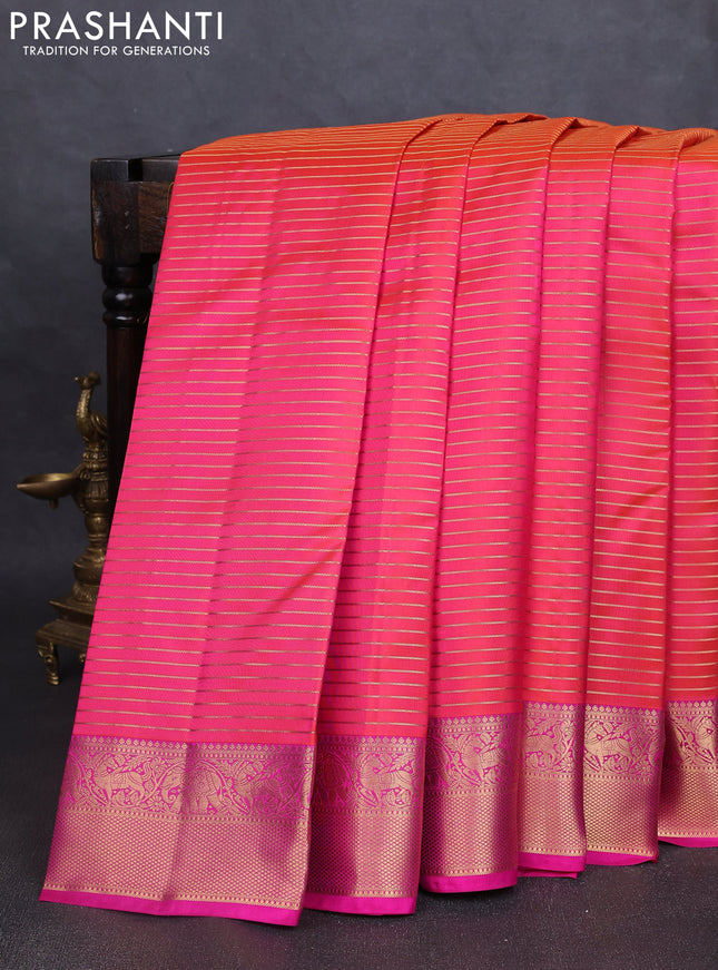 Pure kanchipuram silk saree dual tone pinkish orange and pink with allover zari stripe pattern and rich zari woven border