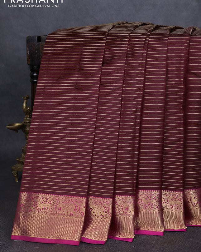 Pure kanchipuram silk saree maroon and pink with allover zari stripe pattern and rich zari woven border