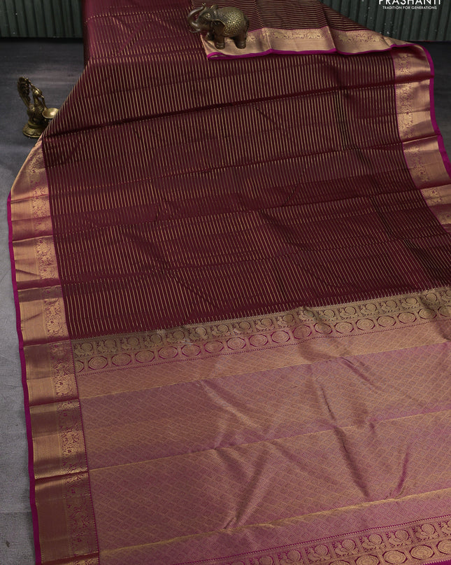 Pure kanchipuram silk saree maroon and pink with allover zari stripe pattern and rich zari woven border